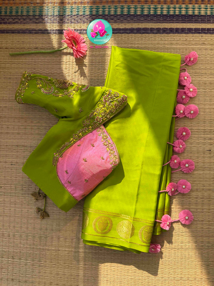 Royal Spring Reverence: Light Green 120gsm Pure Mysore Silk Saree with Baby Pink Tissue Raw Silk Blouse