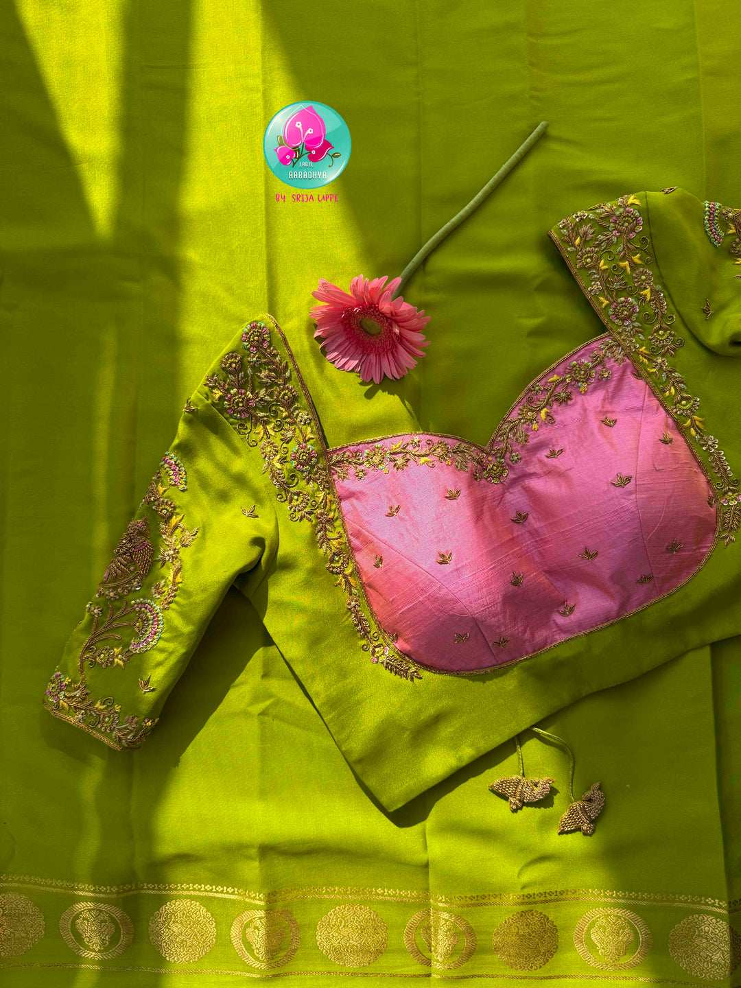Royal Spring Reverence: Light Green 120gsm Pure Mysore Silk Saree with Baby Pink Tissue Raw Silk Blouse