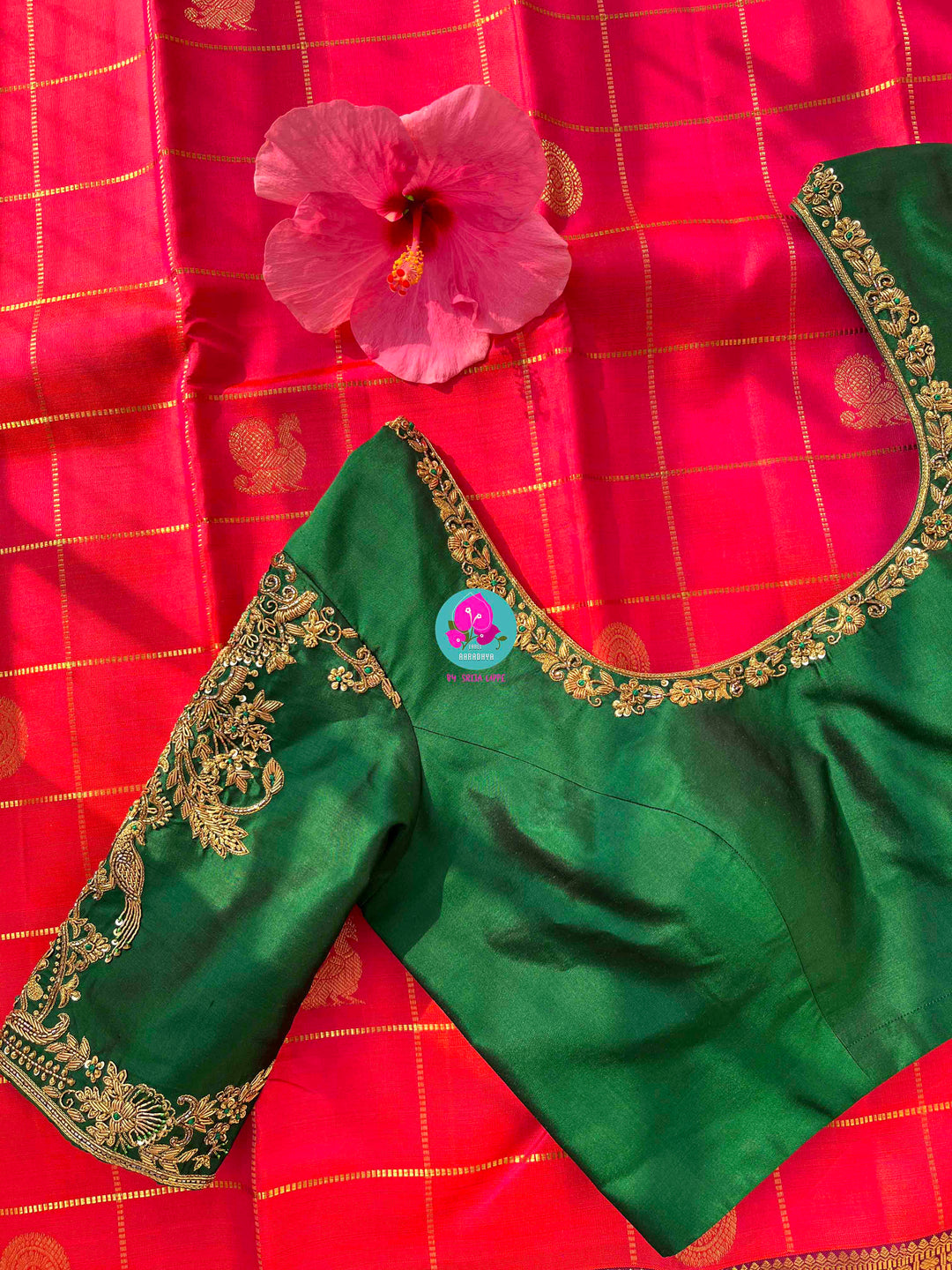 Madras Checks Kanchipattu Saree Paired with Hand-Embroidered Forest Green blouse