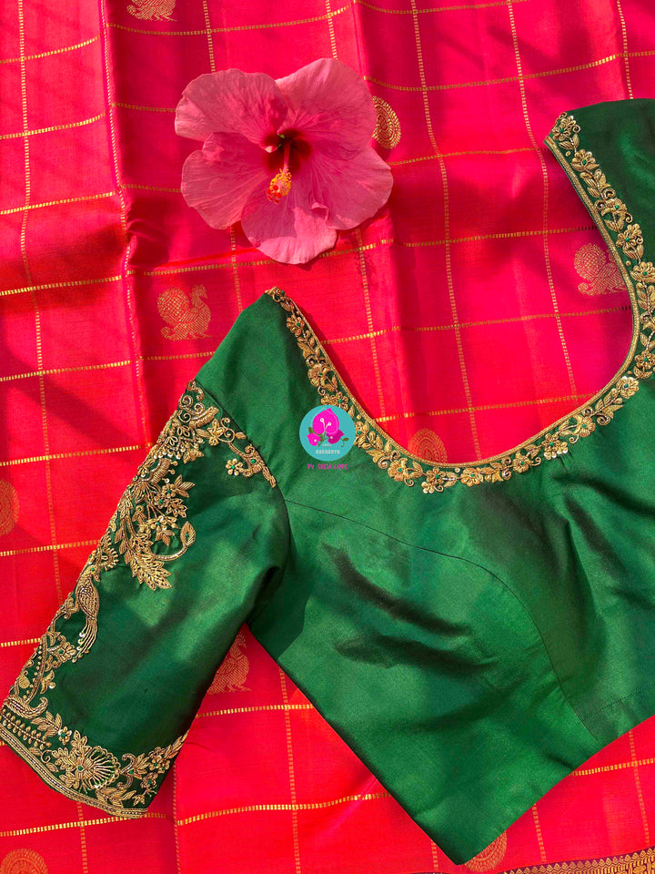 Madras Checks Kanchipattu Saree Paired with Hand-Embroidered Forest Green blouse