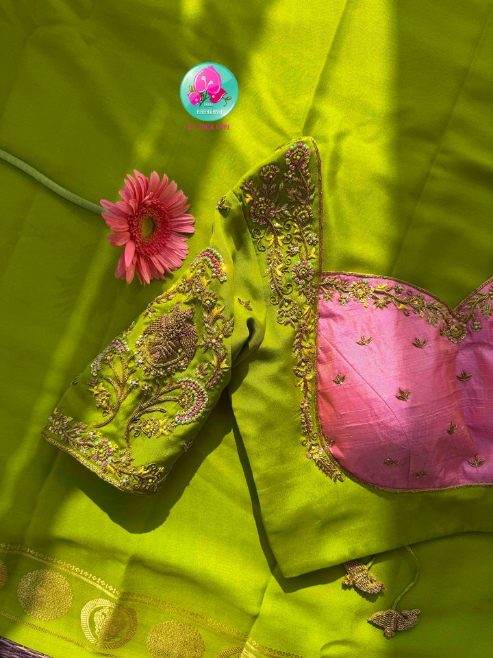 Royal Spring Reverence: Light Green 120gsm Pure Mysore Silk Saree with Baby Pink Tissue Raw Silk Blouse