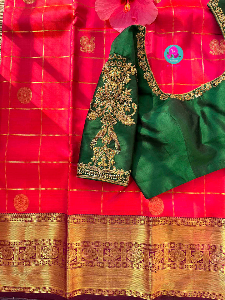 Madras Checks Kanchipattu Saree Paired with Hand-Embroidered Forest Green blouse