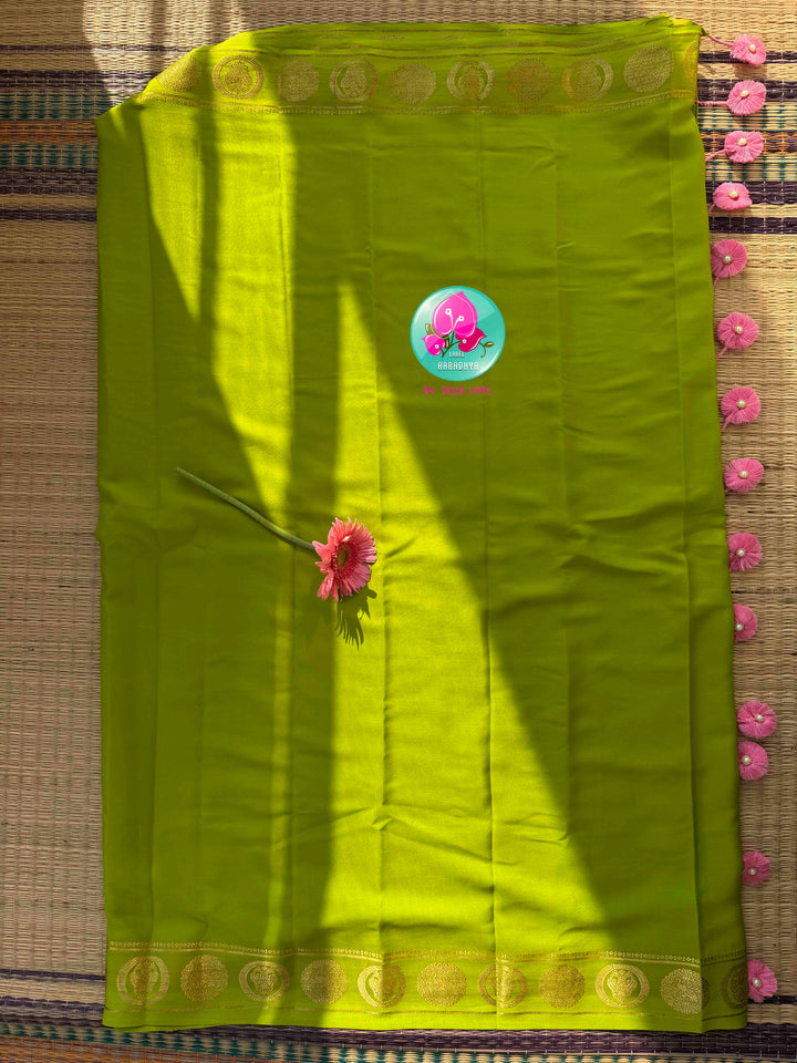 Royal Spring Reverence: Light Green 120gsm Pure Mysore Silk Saree with Baby Pink Tissue Raw Silk Blouse