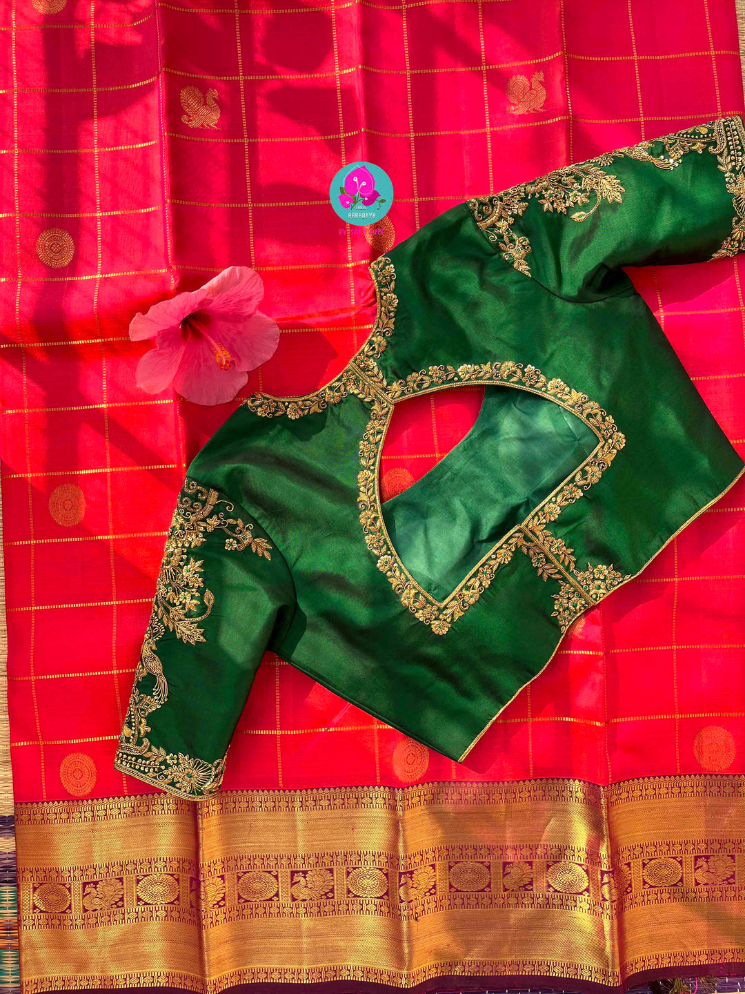 Madras Checks Kanchipattu Saree Paired with Hand-Embroidered Forest Green blouse