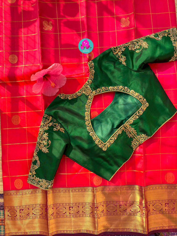 Madras Checks Kanchipattu Saree Paired with Hand-Embroidered Forest Green blouse