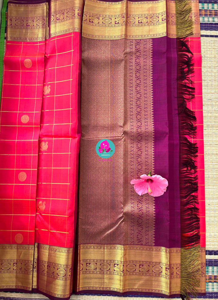 Madras Checks Kanchipattu Saree Paired with Hand-Embroidered Forest Green blouse