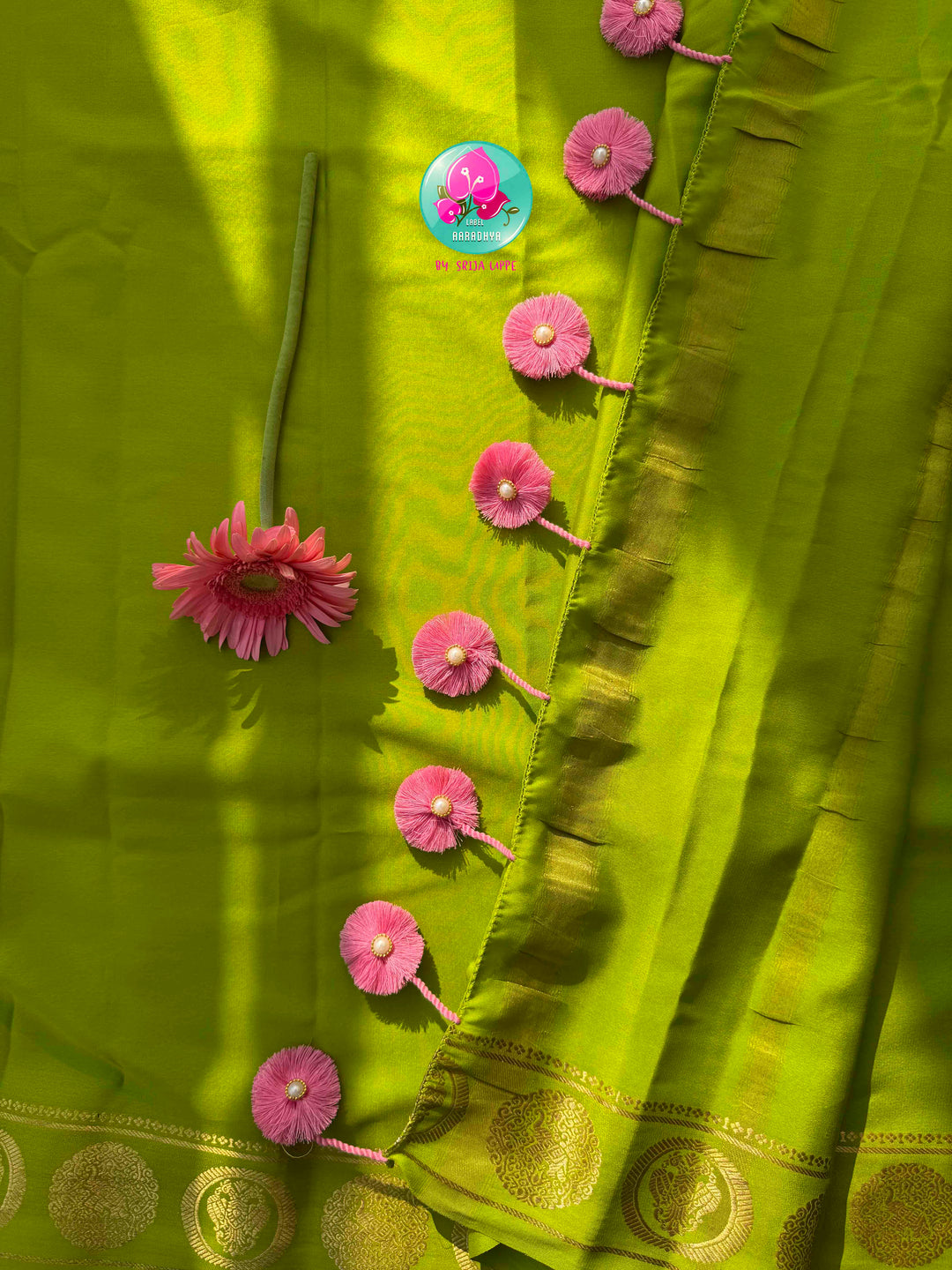 Royal Spring Reverence: Light Green 120gsm Pure Mysore Silk Saree with Baby Pink Tissue Raw Silk Blouse