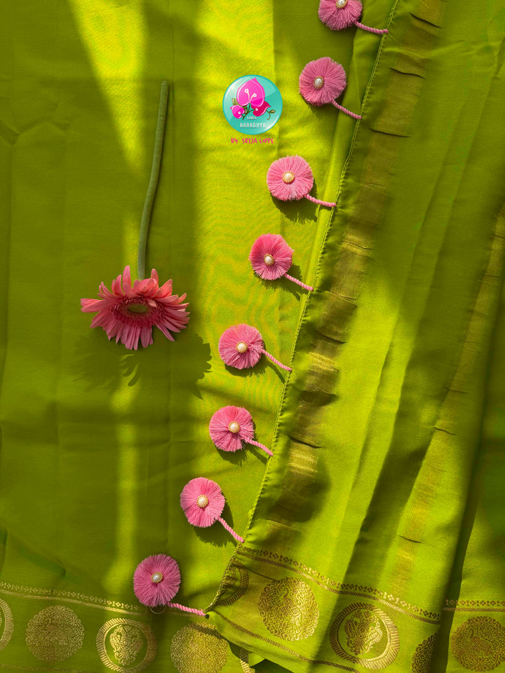 Royal Spring Reverence: Light Green 120gsm Pure Mysore Silk Saree with Baby Pink Tissue Raw Silk Blouse