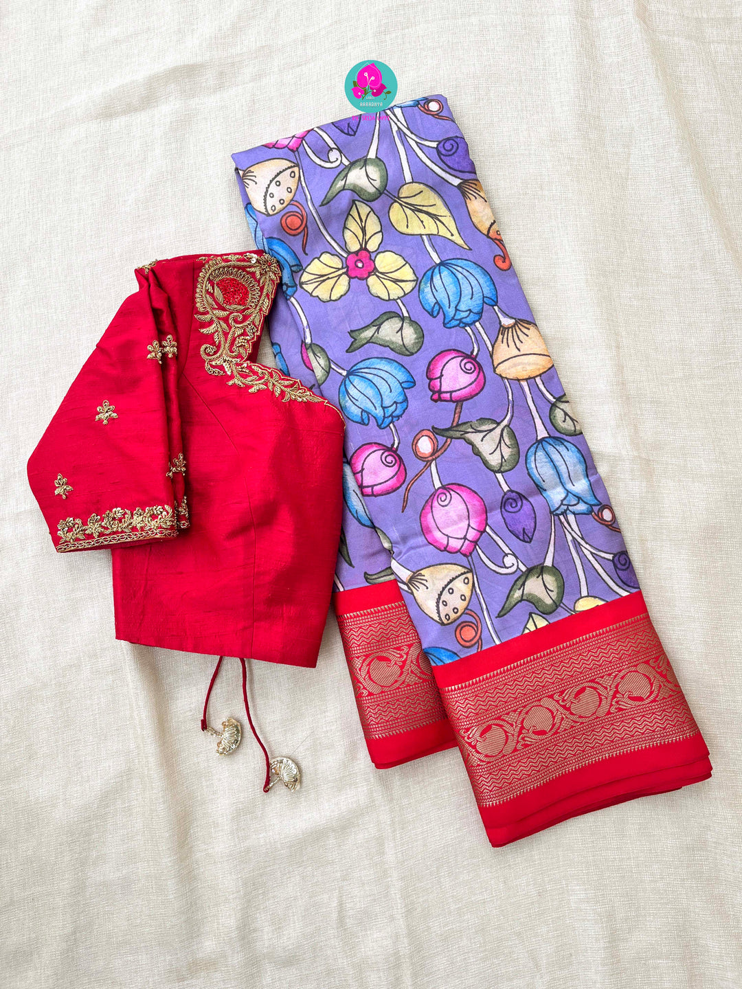 Kalamkari printed Pattu Saree with hand embroidered pure raw silk blouse
