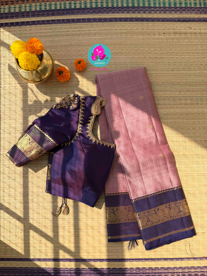 Vintage Etherealism: Onion Pink Pure Kanchipuram Silk with Dual-Shaded Blueish-Purple Borders