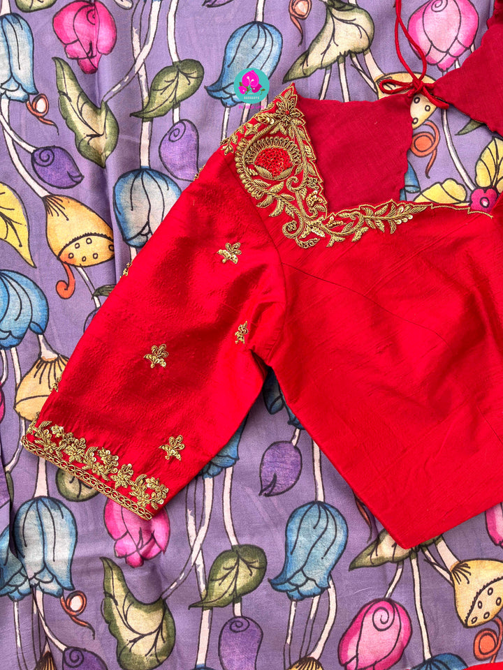 Kalamkari printed Pattu Saree with hand embroidered pure raw silk blouse