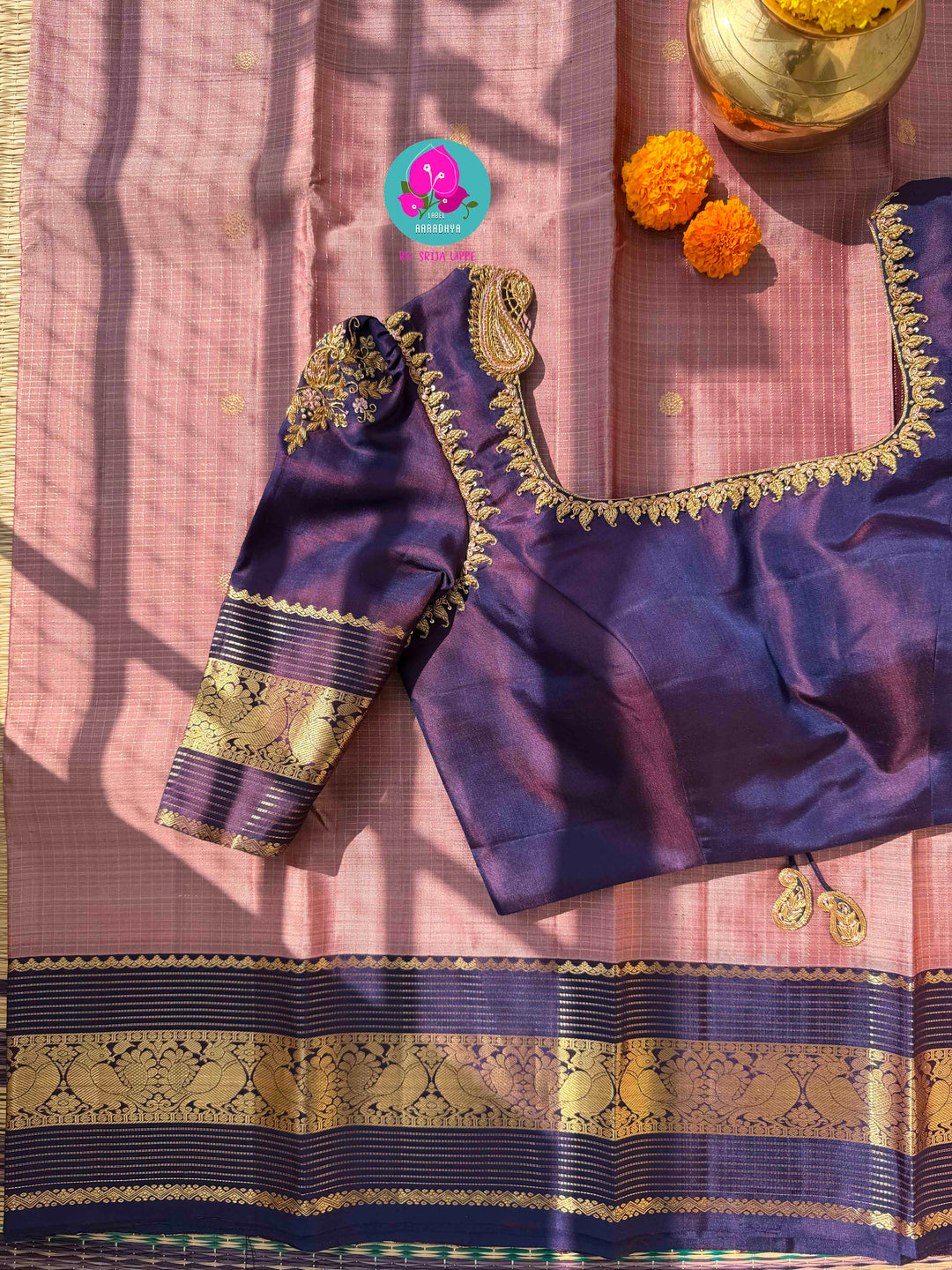 Vintage Etherealism: Onion Pink Pure Kanchipuram Silk with Dual-Shaded Blueish-Purple Borders
