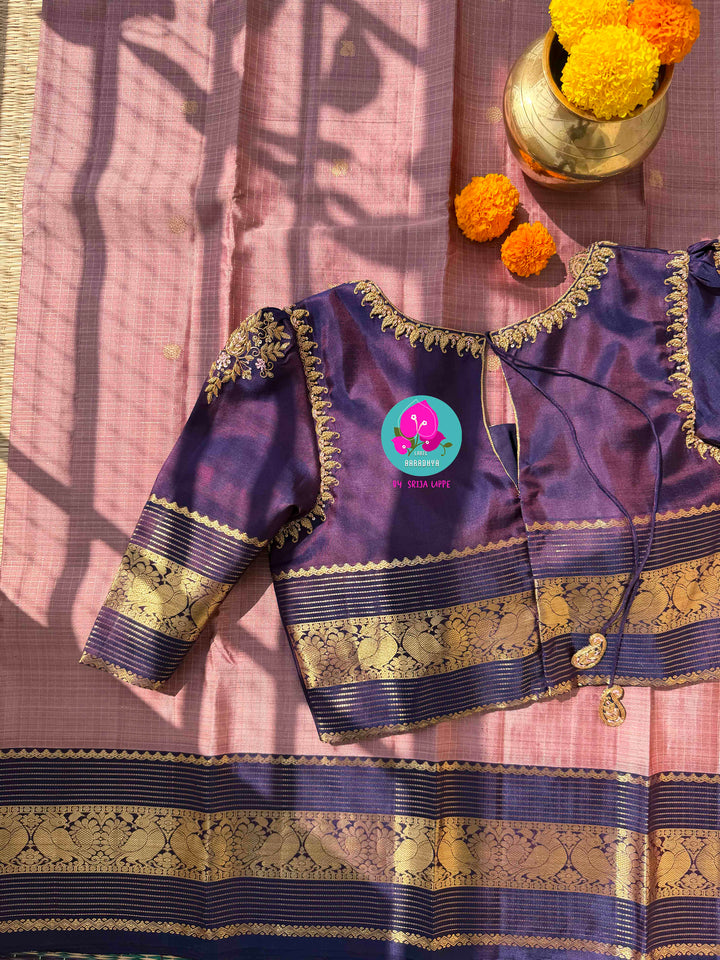 Vintage Etherealism: Onion Pink Pure Kanchipuram Silk with Dual-Shaded Blueish-Purple Borders