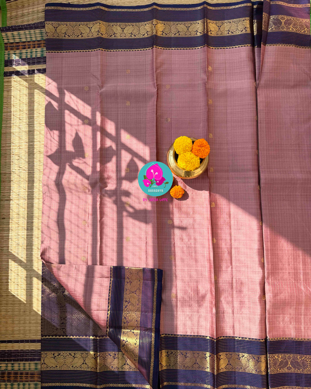 Vintage Etherealism: Onion Pink Pure Kanchipuram Silk with Dual-Shaded Blueish-Purple Borders
