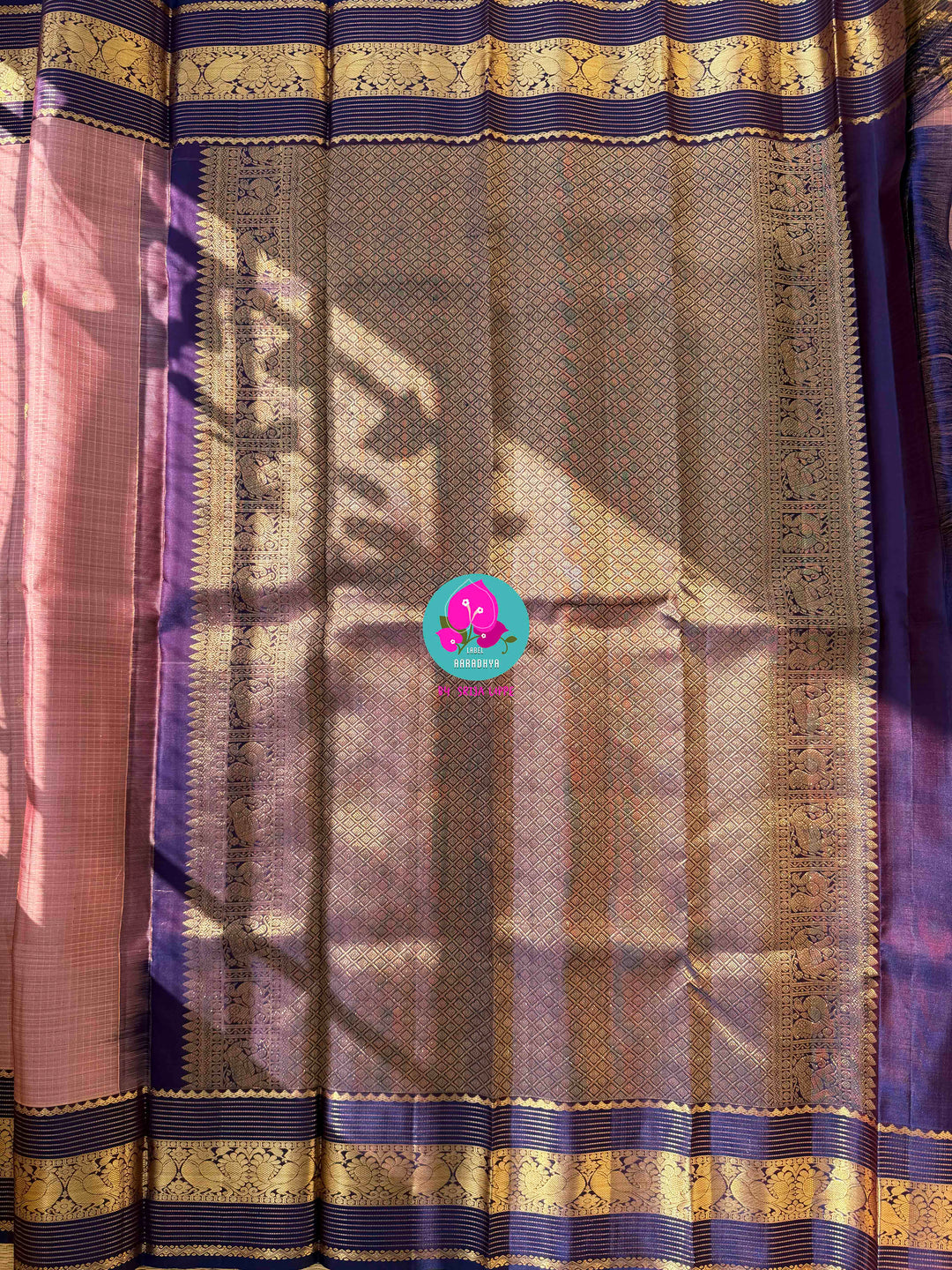 Vintage Etherealism: Onion Pink Pure Kanchipuram Silk with Dual-Shaded Blueish-Purple Borders
