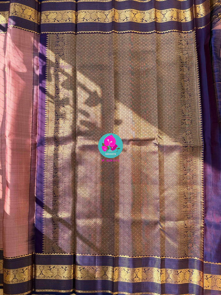 Vintage Etherealism: Onion Pink Pure Kanchipuram Silk with Dual-Shaded Blueish-Purple Borders