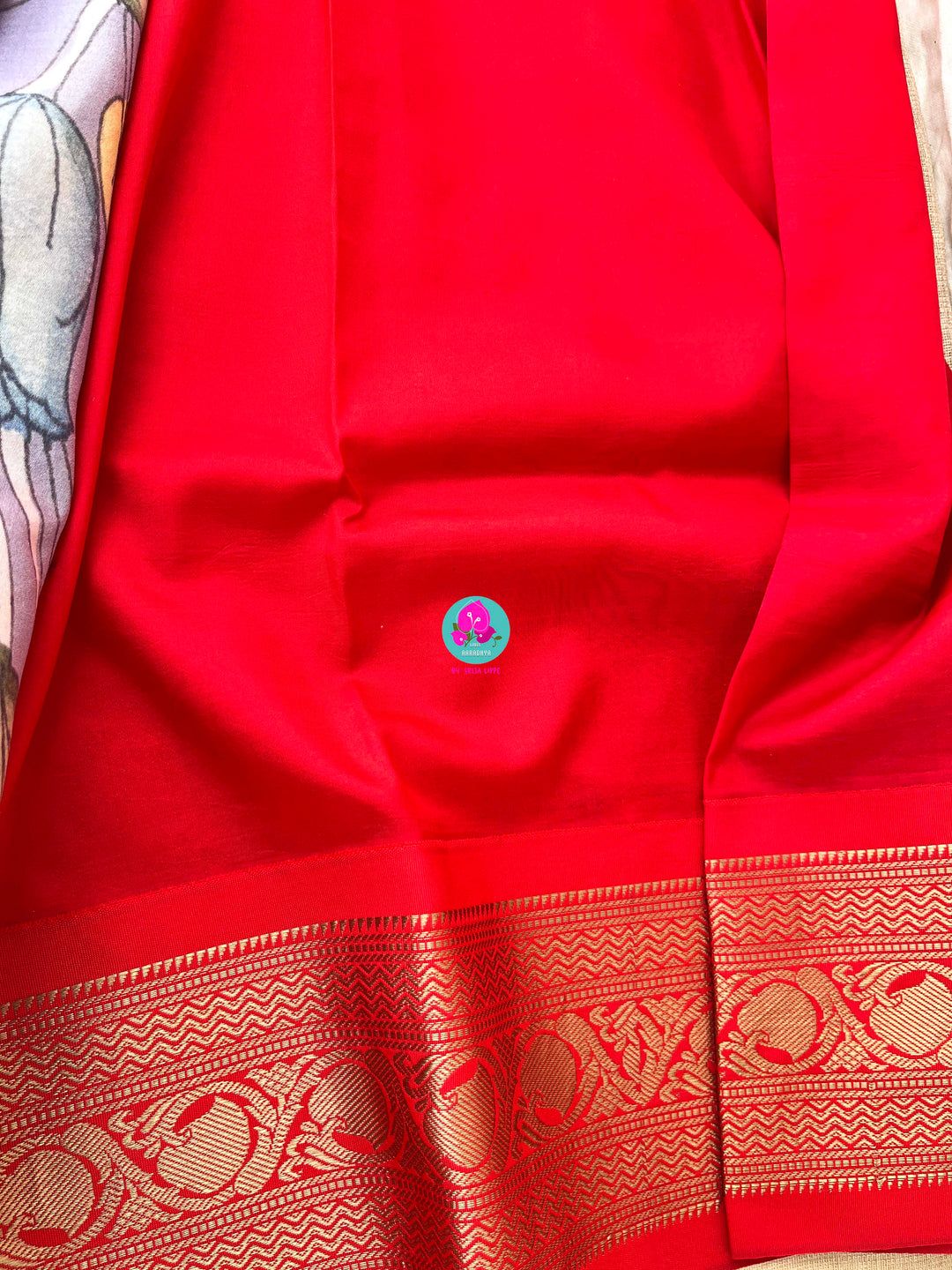 Kalamkari printed Pattu Saree with hand embroidered pure raw silk blouse