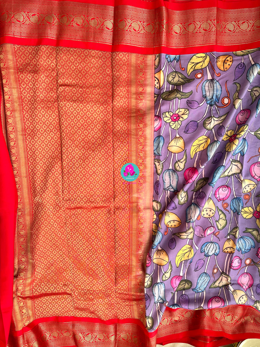 Kalamkari printed Pattu Saree with hand embroidered pure raw silk blouse