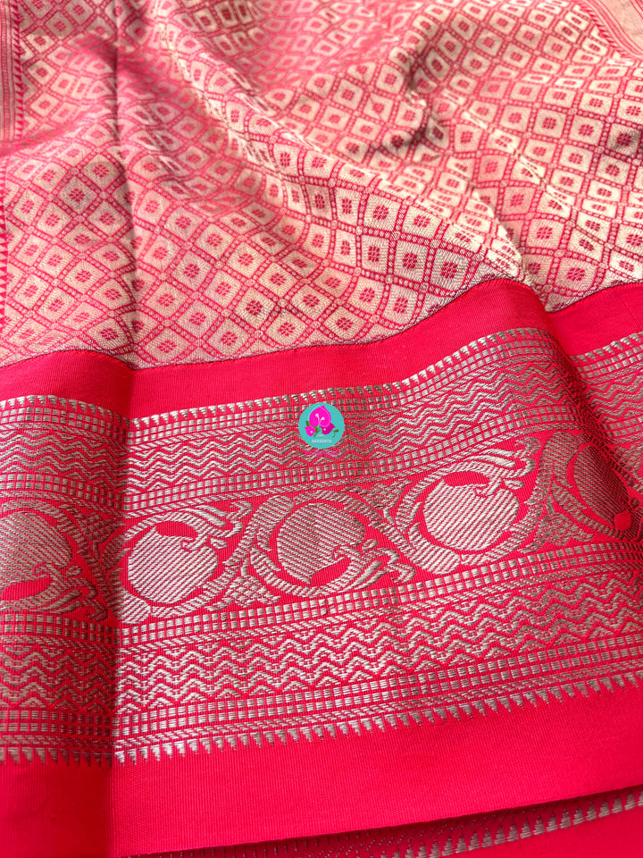 Kalamkari printed Pattu Saree with hand embroidered pure raw silk blouse