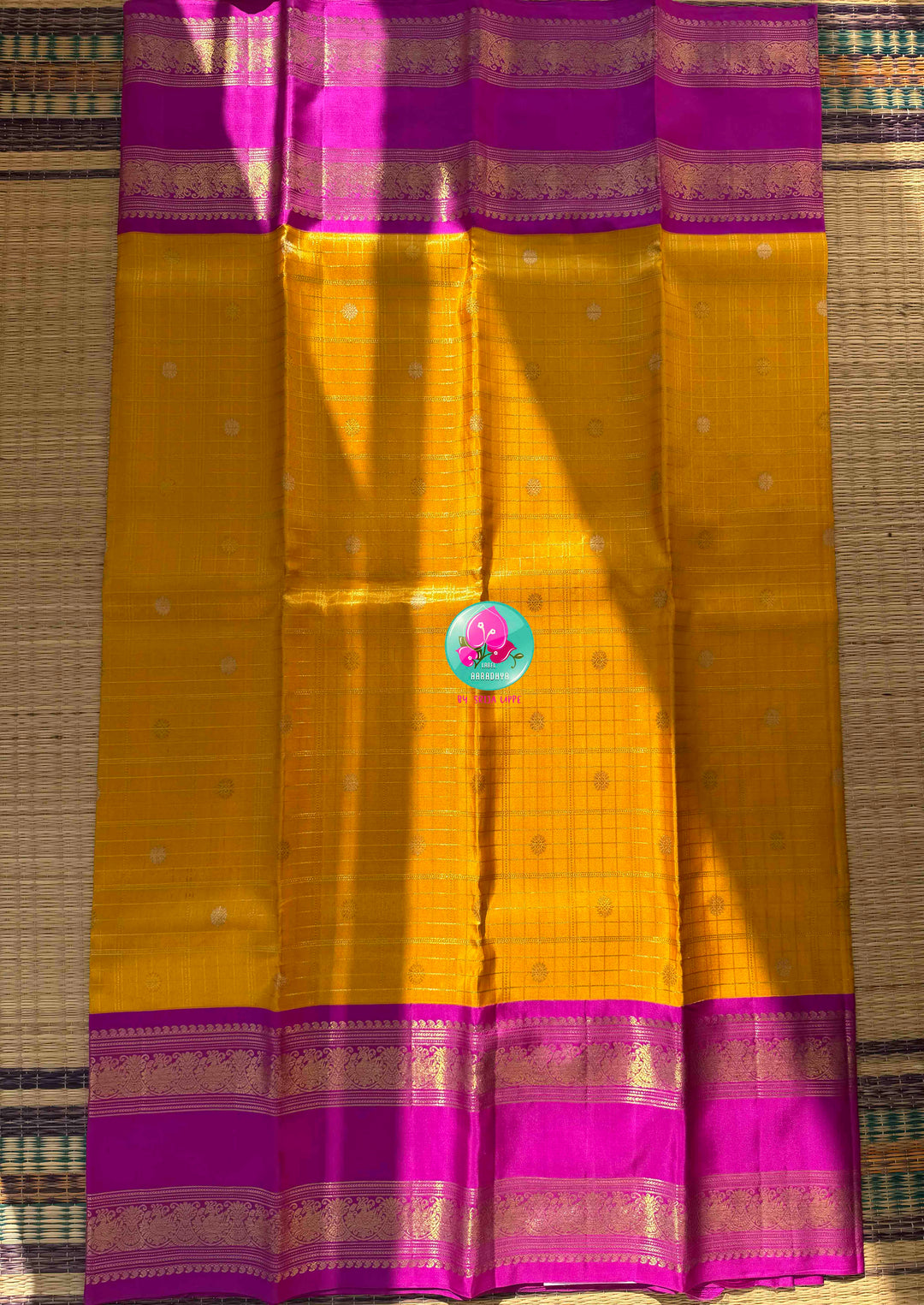 Luminous Tissue Radiance: Checkered Yellow 2G Tissue Kanchi Silk Saree with Vintage Magenta Pink Border