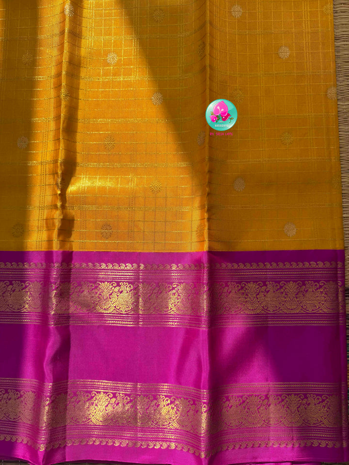 Luminous Tissue Radiance: Checkered Yellow 2G Tissue Kanchi Silk Saree with Vintage Magenta Pink Border