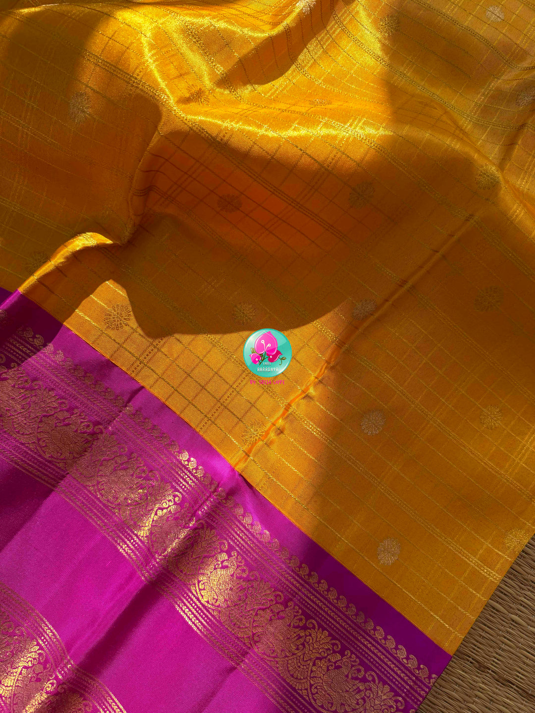 Luminous Tissue Radiance: Checkered Yellow 2G Tissue Kanchi Silk Saree with Vintage Magenta Pink Border