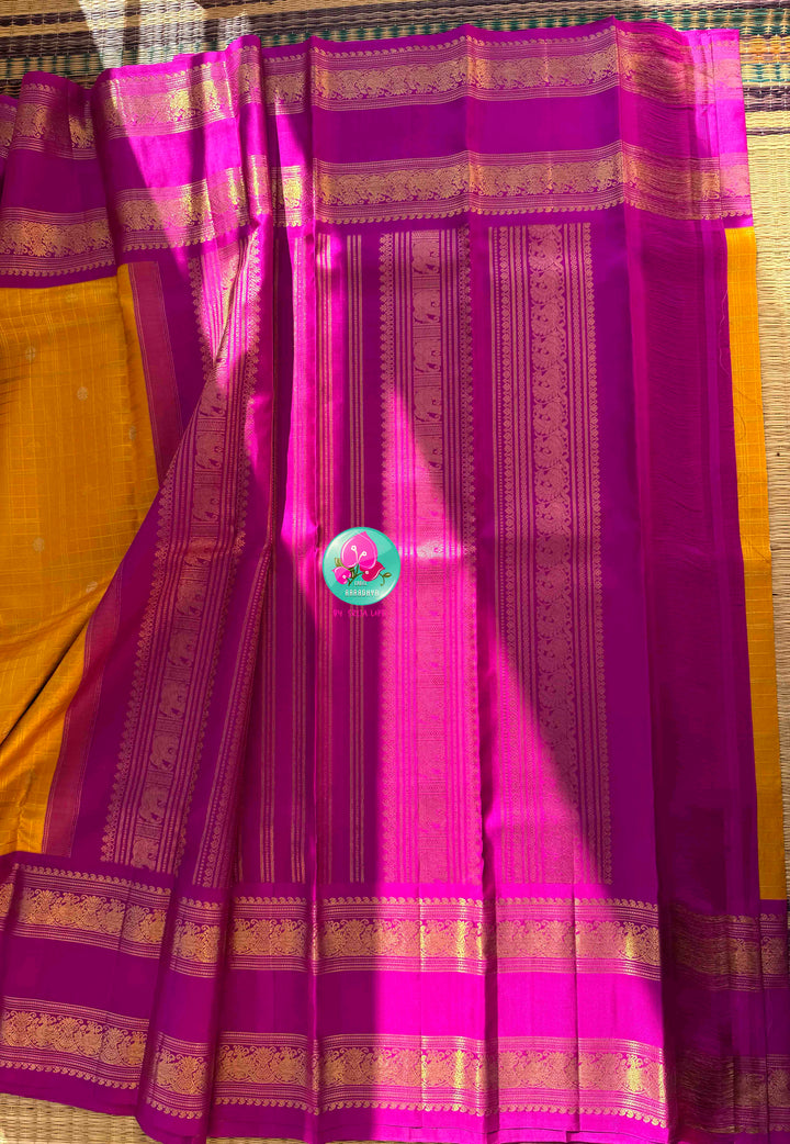 Luminous Tissue Radiance: Checkered Yellow 2G Tissue Kanchi Silk Saree with Vintage Magenta Pink Border