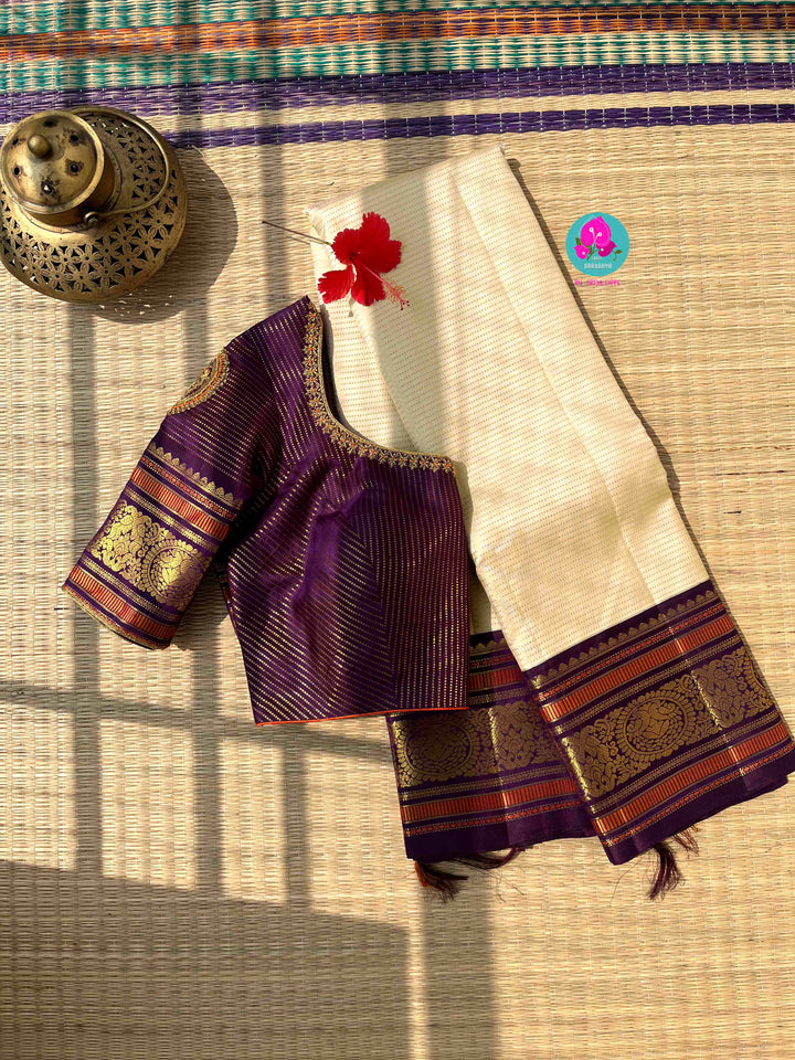 Regal Serenity: Ivory Kanjivaram Saree in Vaira Oosi with Royal Purple Contrast