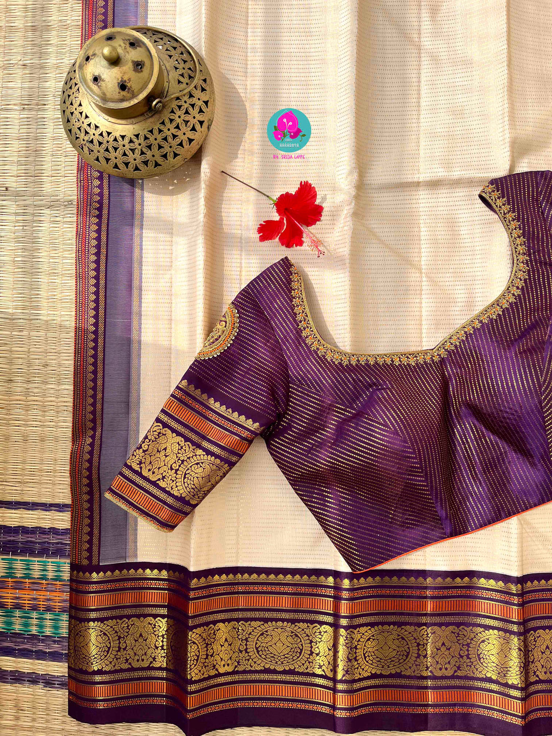 Regal Serenity: Ivory Kanjivaram Saree in Vaira Oosi with Royal Purple Contrast