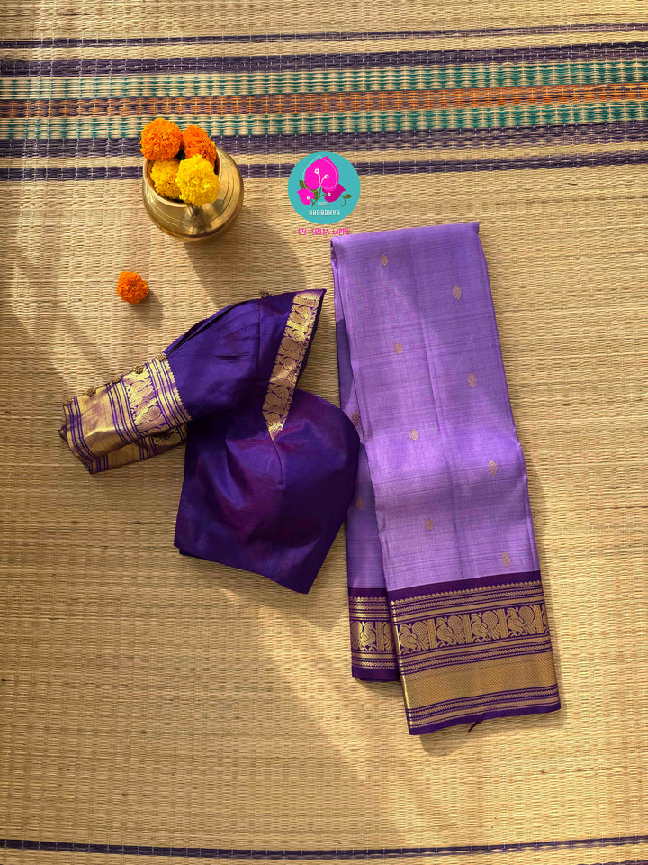 Lavender Luxe: The Ultimate Fusion of Heritage Kanchipattu saree and Pleated Perfection