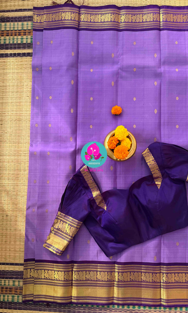 Lavender Luxe: The Ultimate Fusion of Heritage Kanchipattu saree and Pleated Perfection