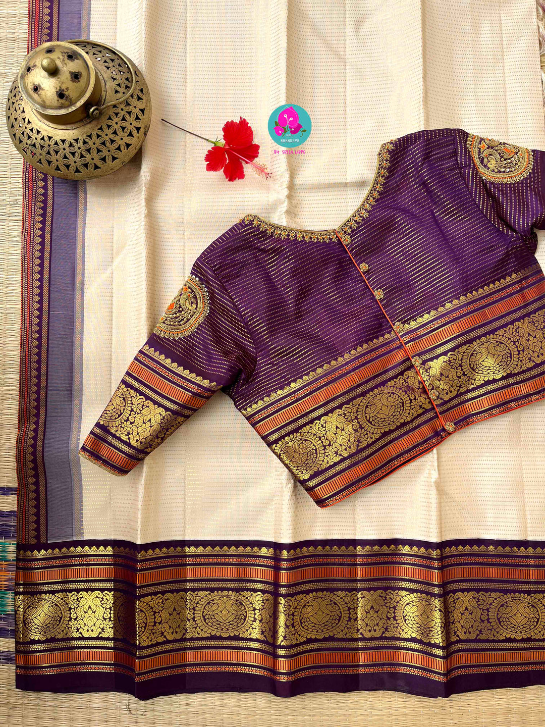 Regal Serenity: Ivory Kanjivaram Saree in Vaira Oosi with Royal Purple Contrast