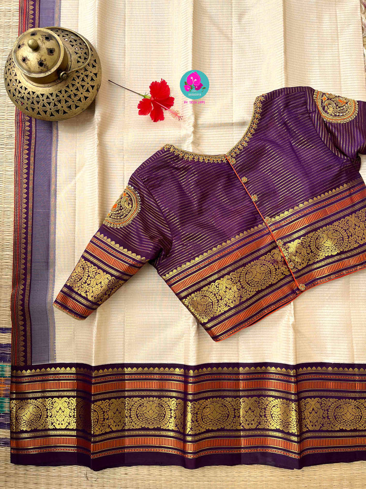 Regal Serenity: Ivory Kanjivaram Saree in Vaira Oosi with Royal Purple Contrast