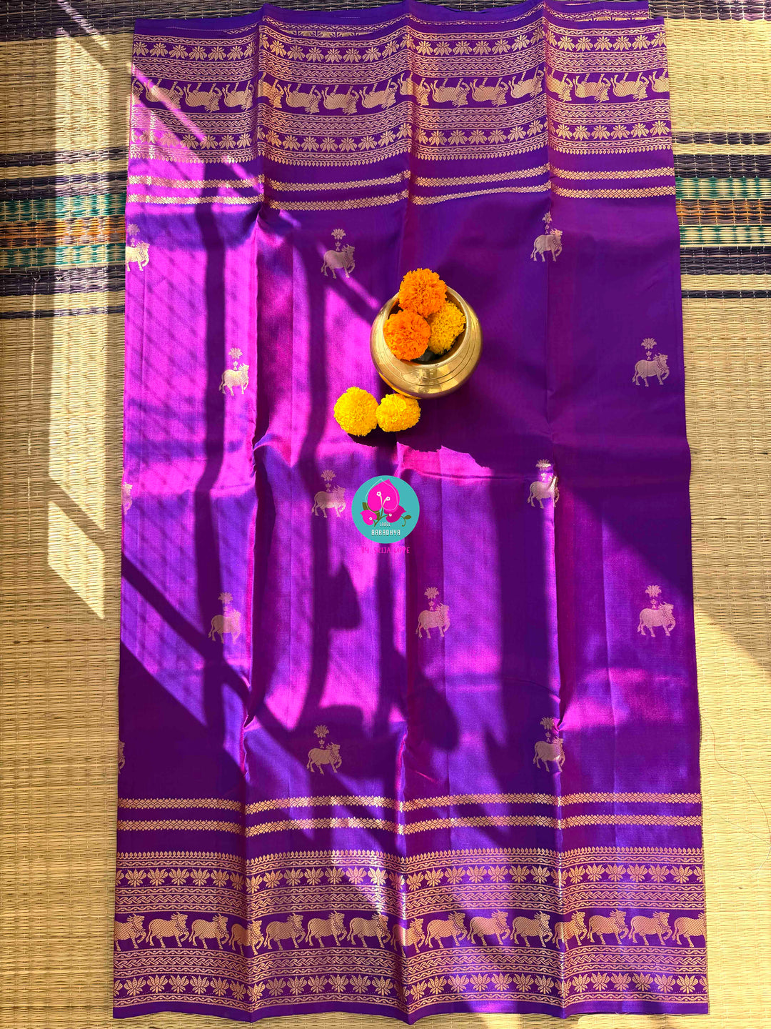 Ethereal Radiance: Dual-Tone Violet Kanchipattu with Antique Zari & Sacred Nandhini Motifs