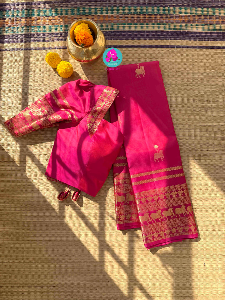 The Blush of Heritage: Pink Kanchi Silk with Sacred Nandhini Motifs