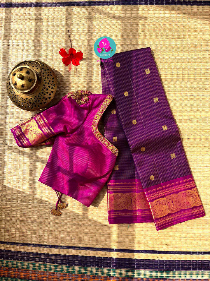 Regal Bloom: Violet Kanjivaram Vaira Oosi with Bold Magenta Contrast and Embroidered Blouse
