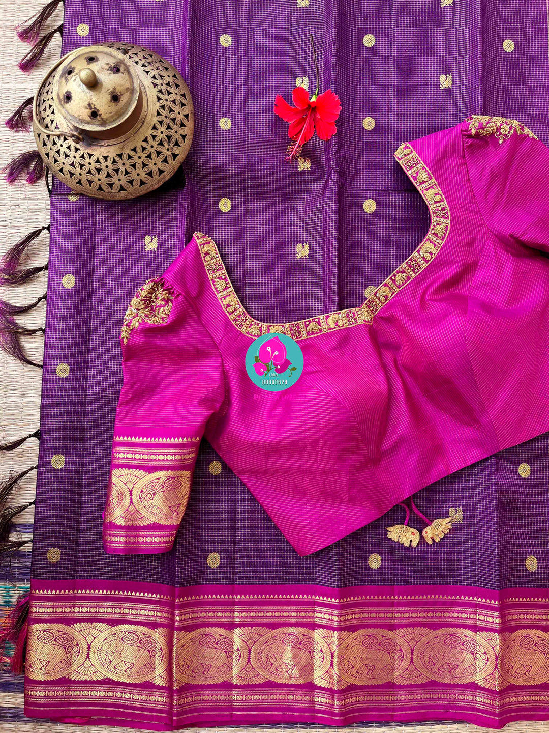 Regal Bloom: Violet Kanjivaram Vaira Oosi with Bold Magenta Contrast and Embroidered Blouse