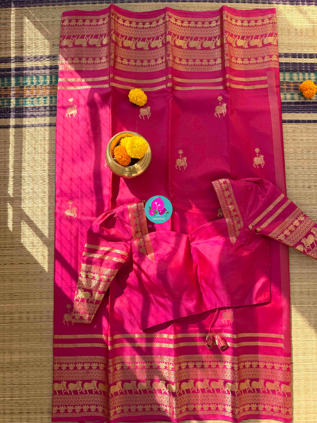 The Blush of Heritage: Pink Kanchi Silk with Sacred Nandhini Motifs