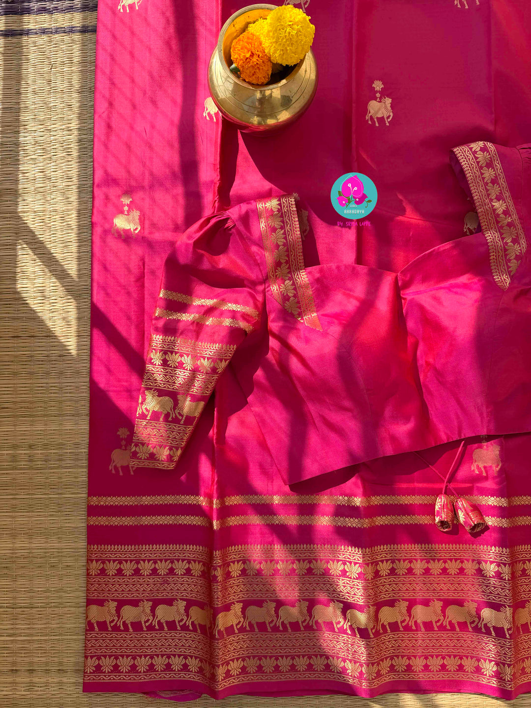The Blush of Heritage: Pink Kanchi Silk with Sacred Nandhini Motifs