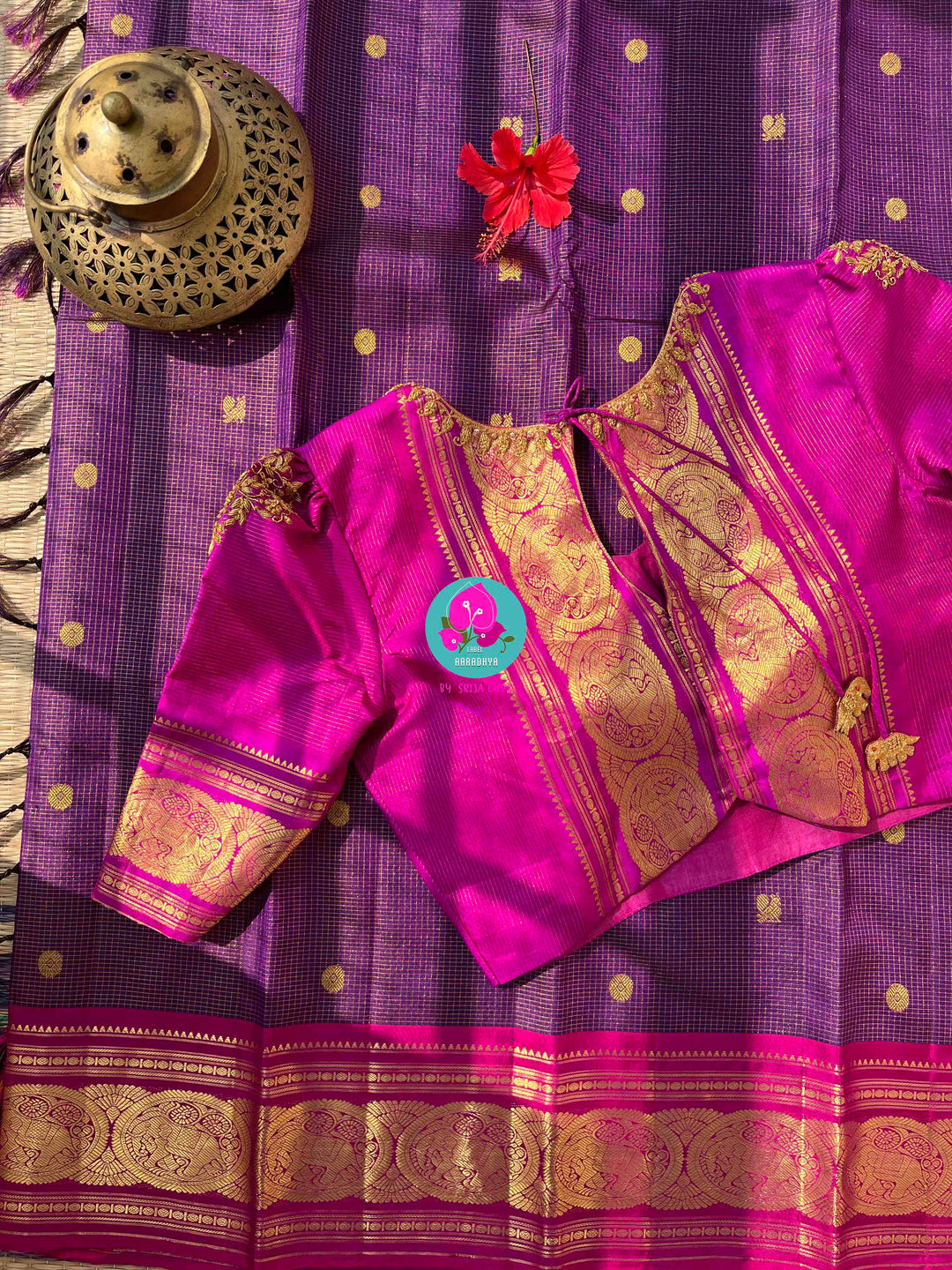 Regal Bloom: Violet Kanjivaram Vaira Oosi with Bold Magenta Contrast and Embroidered Blouse