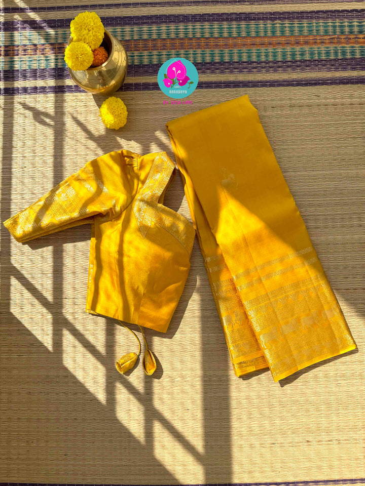 The Gilded Radiance: Yellow Kanchi Silk with Sacred Nandhini Motifs