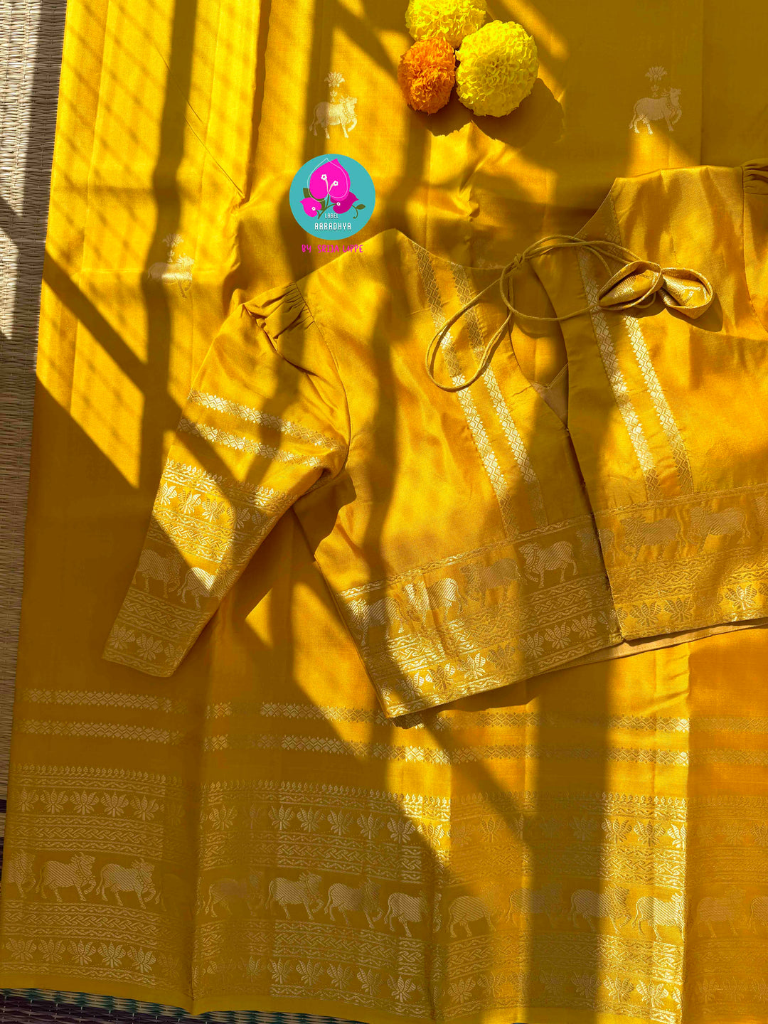 The Gilded Radiance: Yellow Kanchi Silk with Sacred Nandhini Motifs