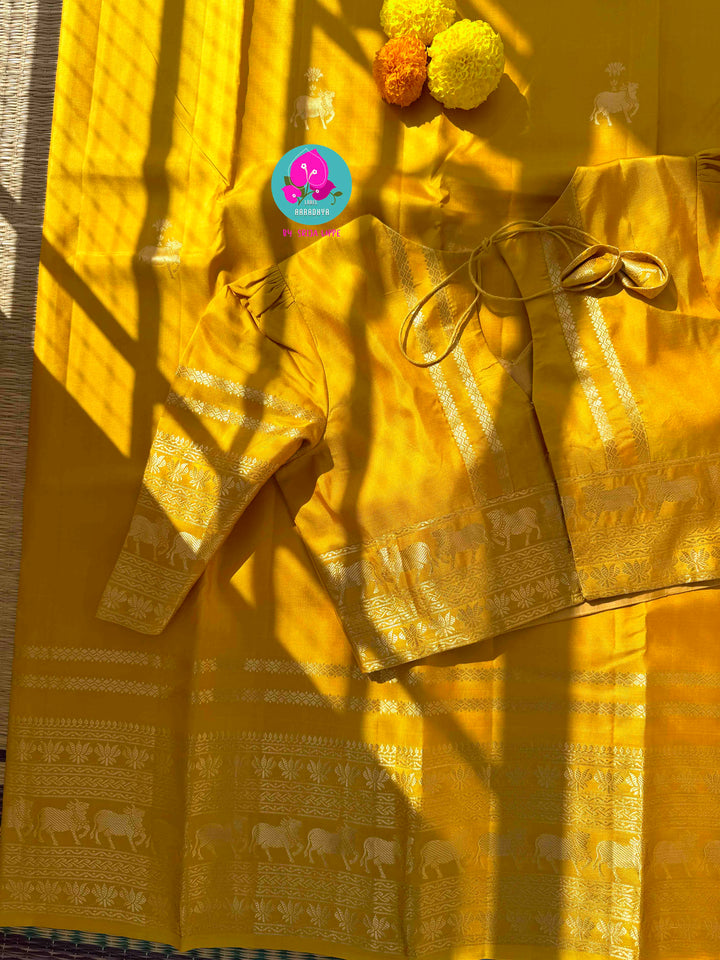 The Gilded Radiance: Yellow Kanchi Silk with Sacred Nandhini Motifs