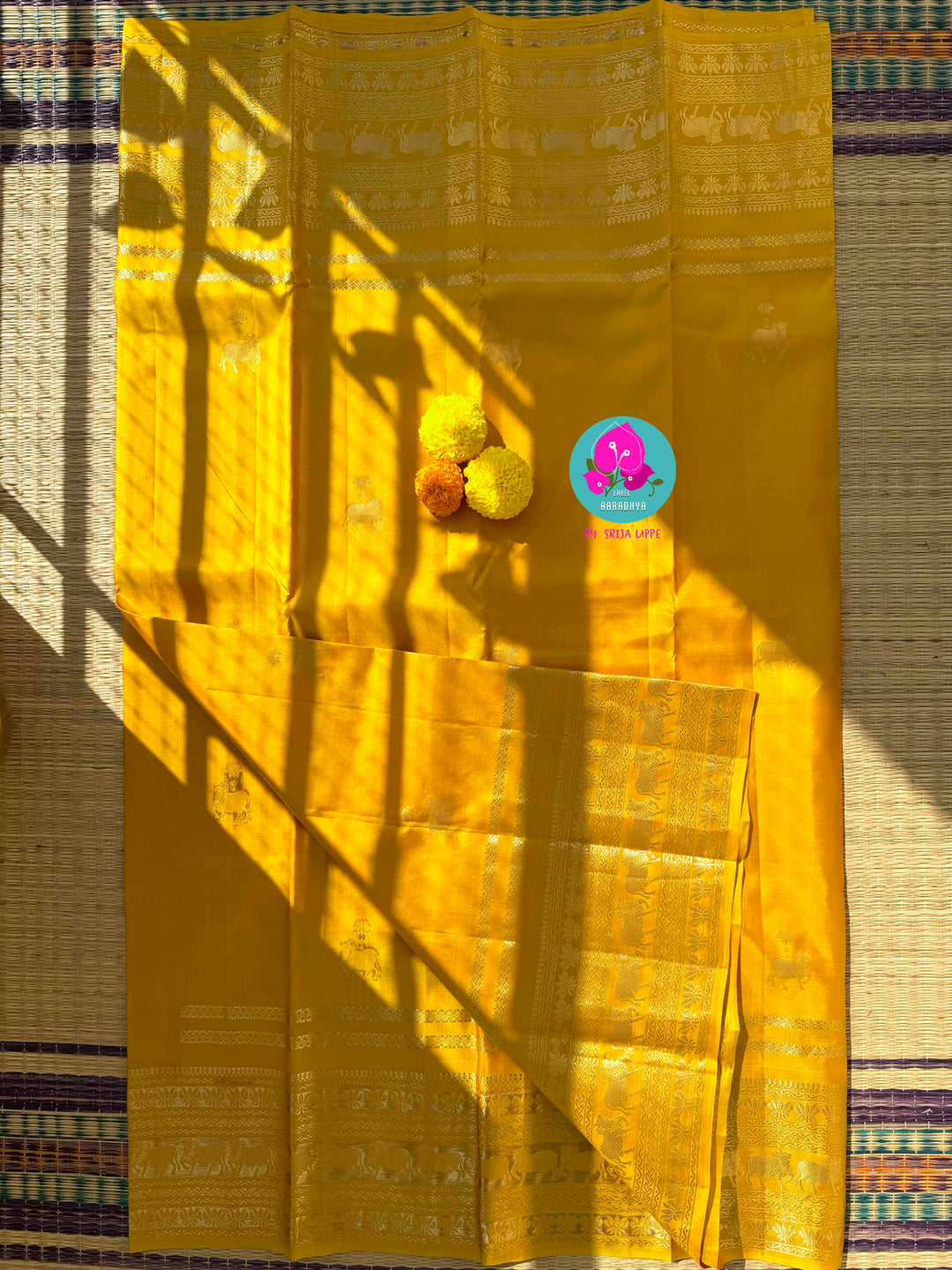 The Gilded Radiance: Yellow Kanchi Silk with Sacred Nandhini Motifs