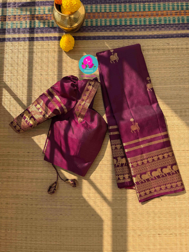 The Velvet Vineyard: Rich Plum Maroon Kanchi Silk with Sacred Nandhini Motifs