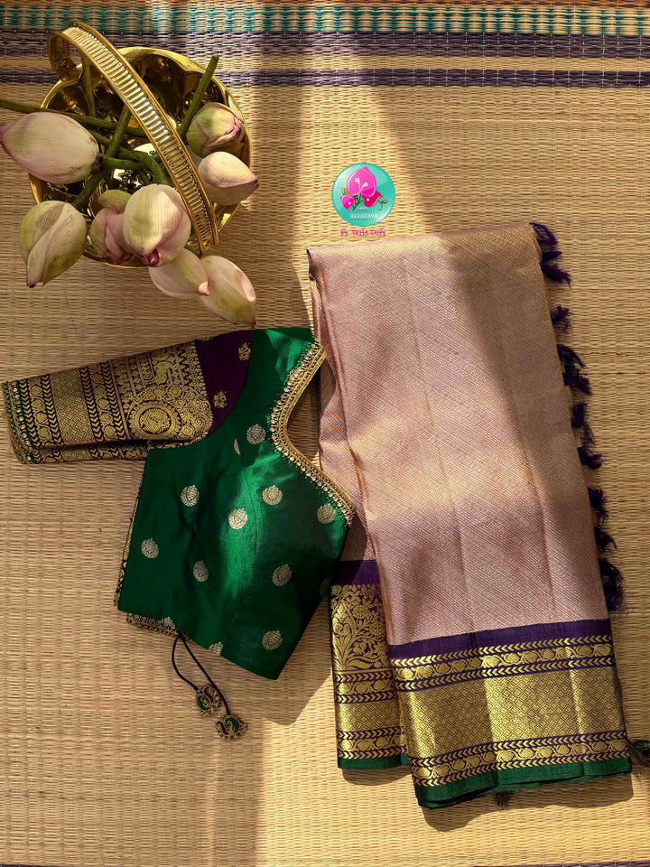 Ethereal Metallic Lilac & Emerald Jewel: Exclusive Pure Handloom Lavender Gadwal Brocade Saree with Multi-Tone Designer Maggam Blouse