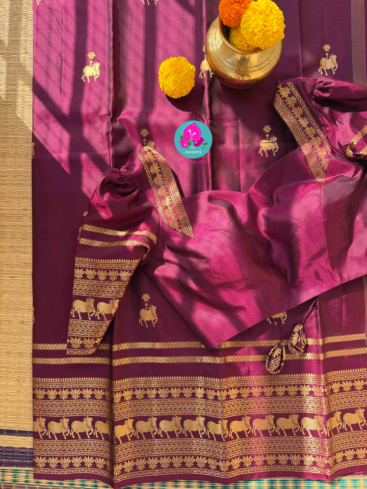 The Velvet Vineyard: Rich Plum Maroon Kanchi Silk with Sacred Nandhini Motifs