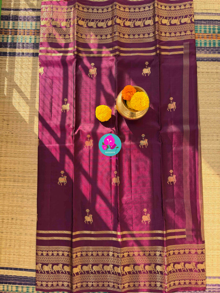 The Velvet Vineyard: Rich Plum Maroon Kanchi Silk with Sacred Nandhini Motifs