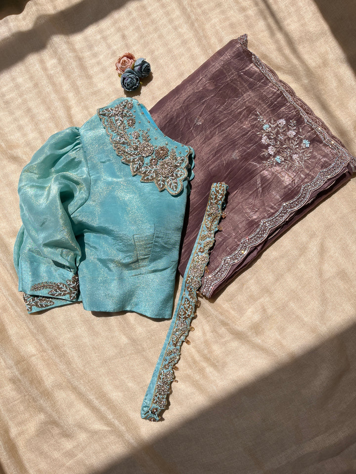 Hand embroidered soft crush organza saree paired with hand embroidered Blouse & Belt