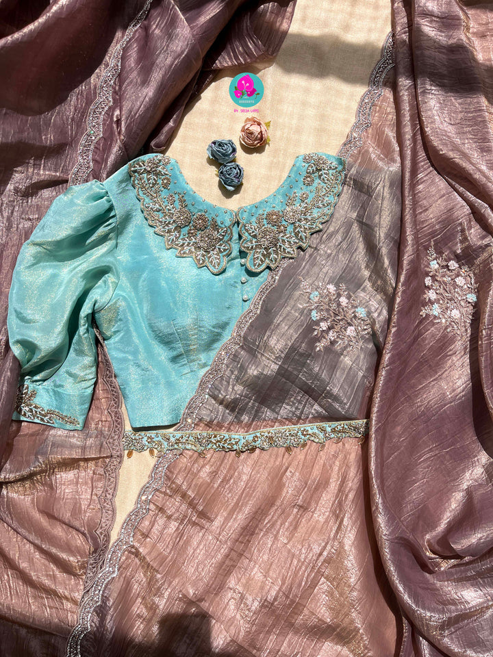 Hand embroidered soft crush organza saree paired with hand embroidered Blouse & Belt